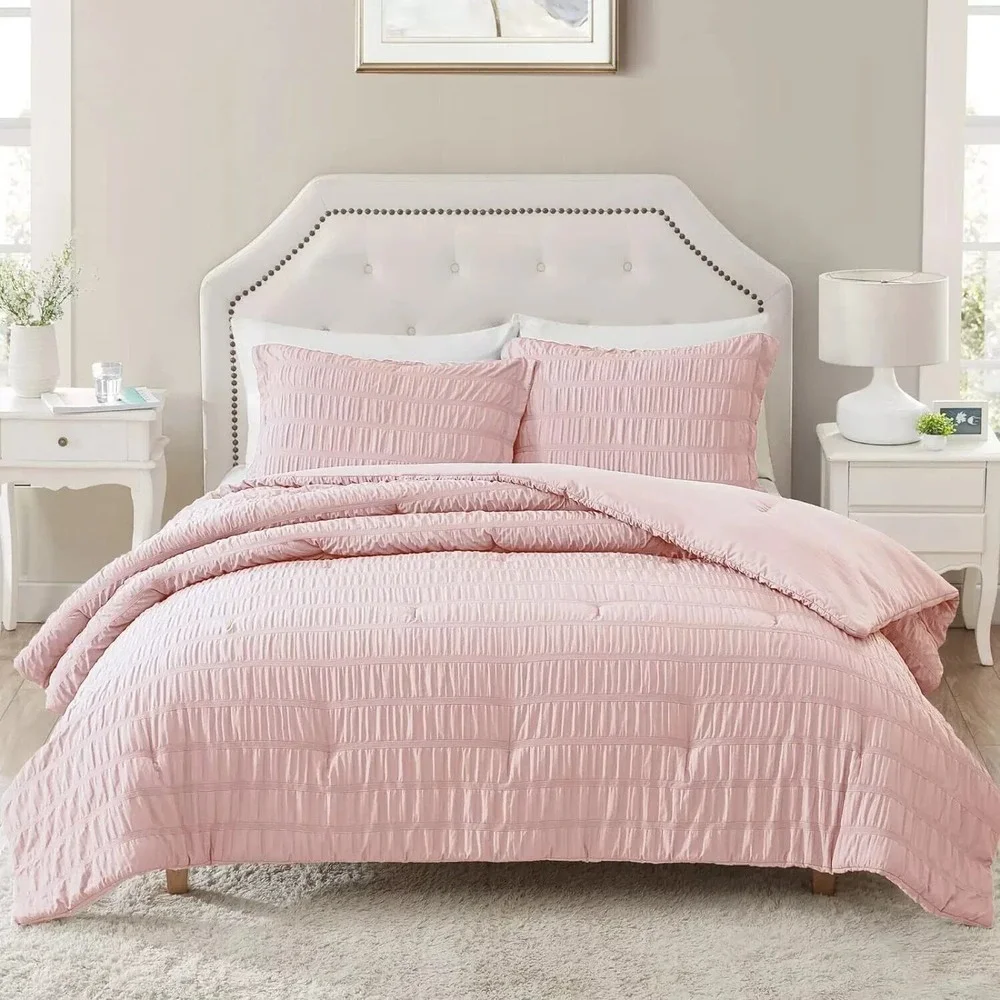 Pink Seersucker Comforter Set King Size (104X90 In), 3 Pieces Crinkle